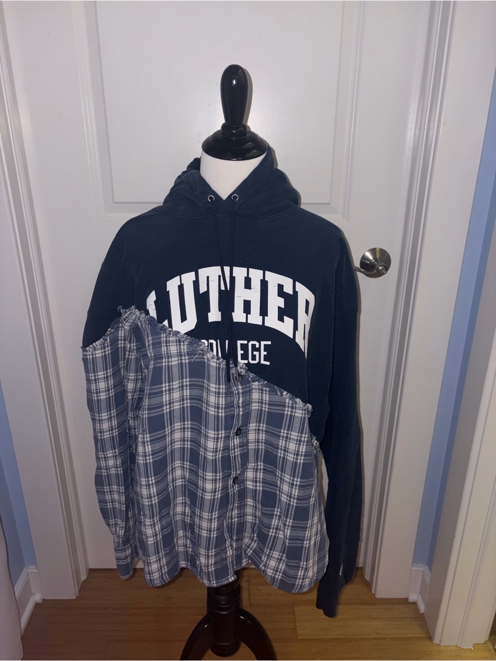 LF Furst of A Kind Luther College Hoodie with Blue Plaid Button-Front Distressed